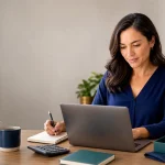 Beginner comparing legitimate online income methods at a laptop and notebook