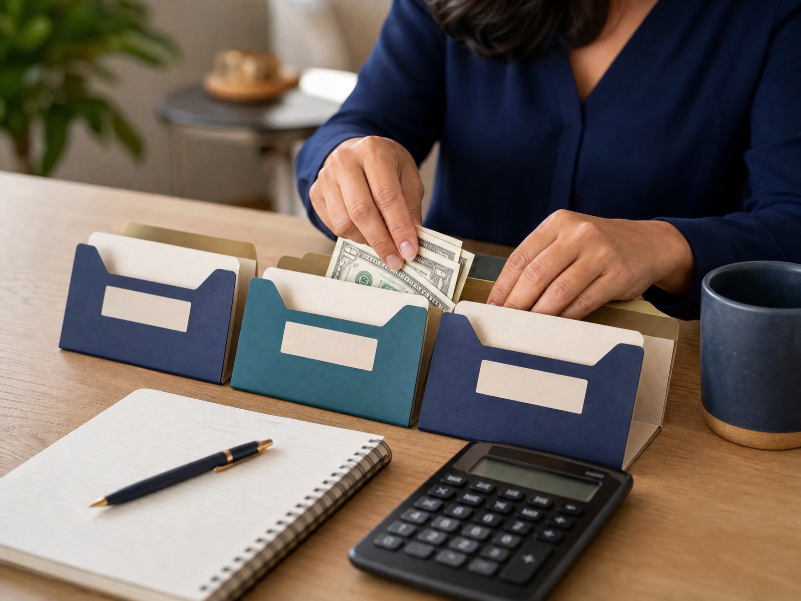 Person assigning variable income to bills, reserves, taxes, and savings goals