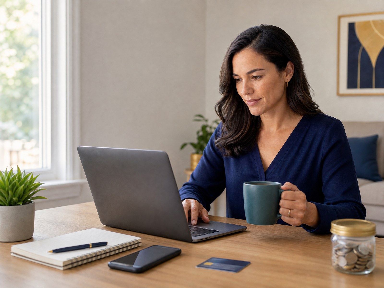 Person reviewing online and branch savings-account access, transfer terms, and rate changes