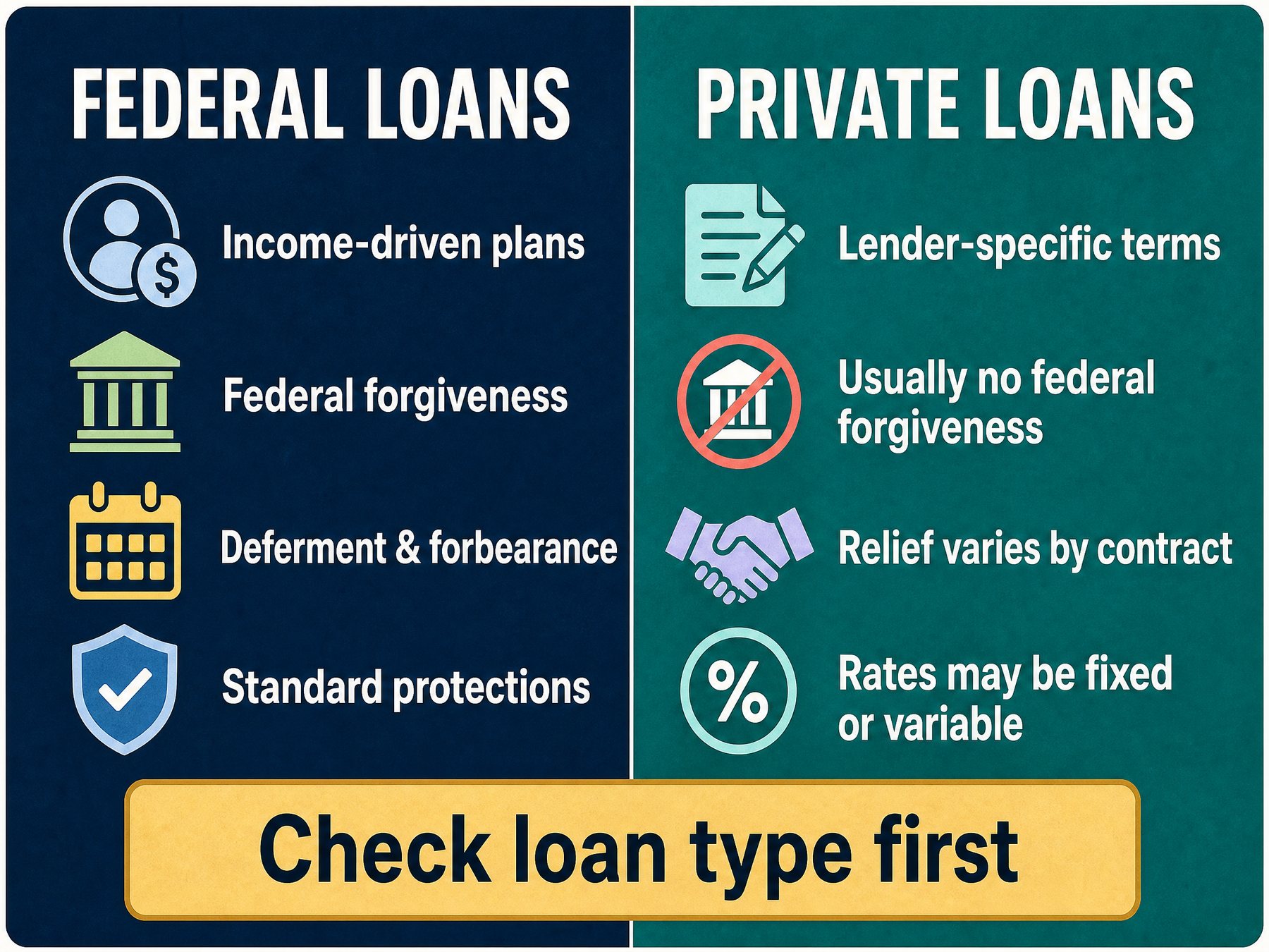 federal-vs-private-student-loans-infographic - Finance Clif Side-by-side infographic comparing federal and private student loan repayment protections