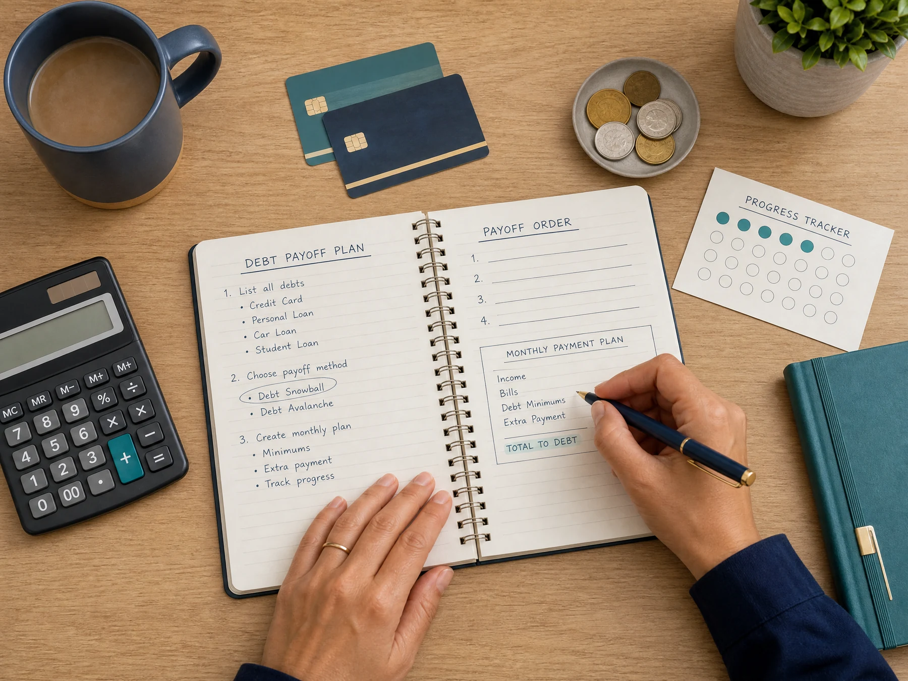 Notebook and calculator showing a clear debt-payoff plan beside a credit card