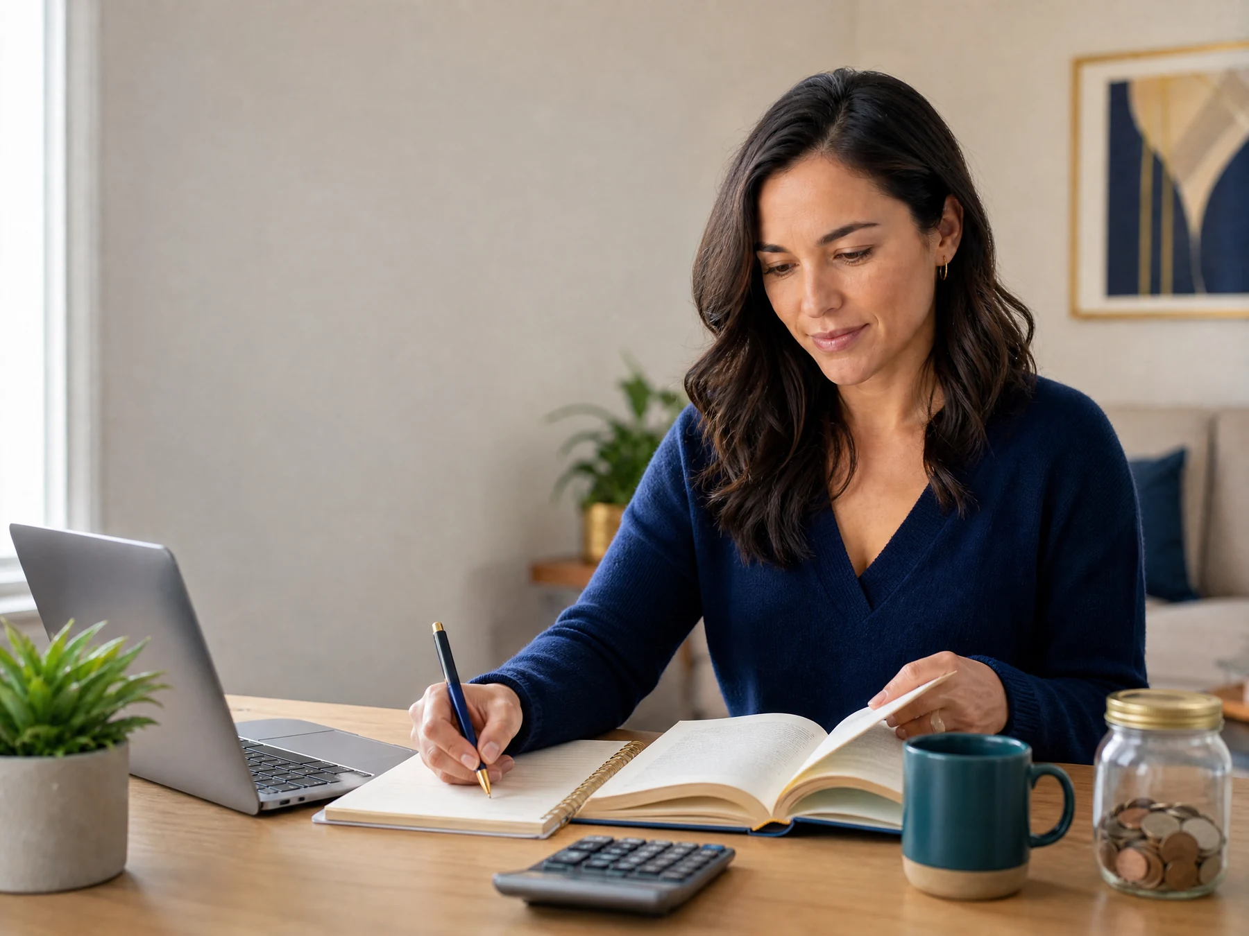 Adult learning money basics at a desk with a book, laptop, calculator, and savings jar