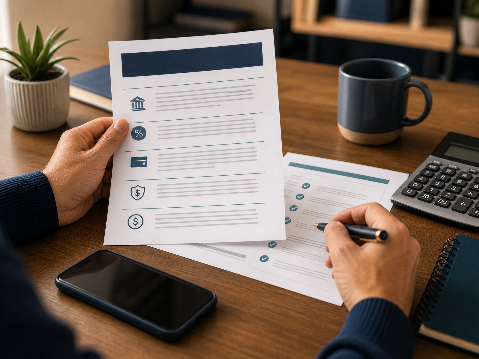 A person reviewing savings-account terms and a transfer checklist beside a calculator