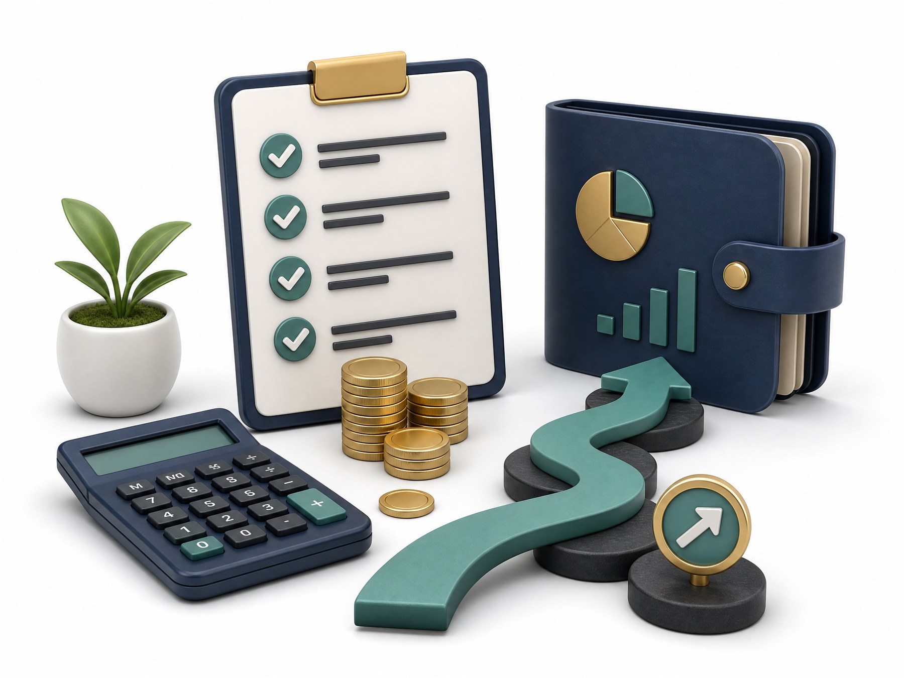 Three-dimensional checklist, coins, and investment folder arranged on a white background