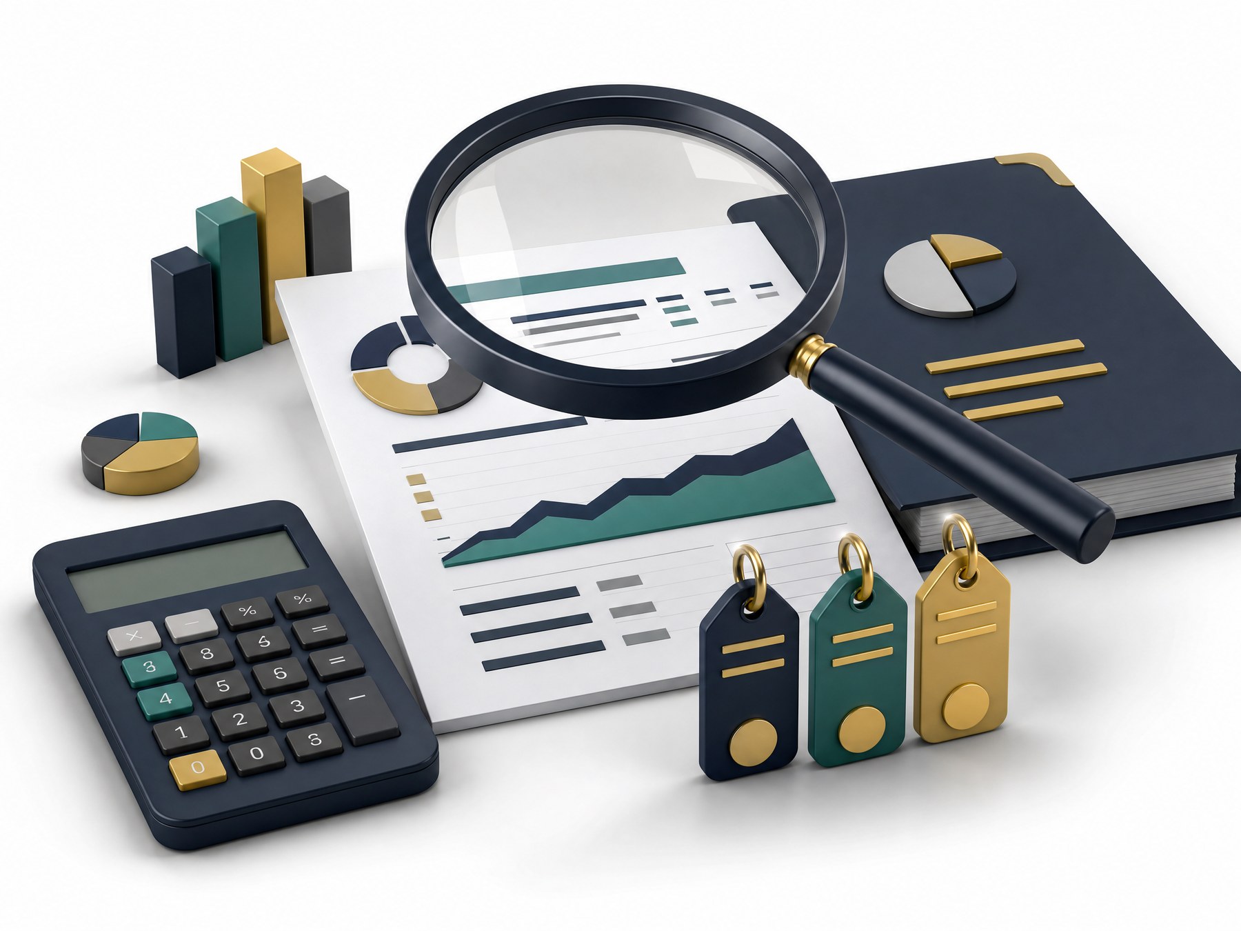 Three-dimensional magnifying glass over a simplified investment fee statement on a white background