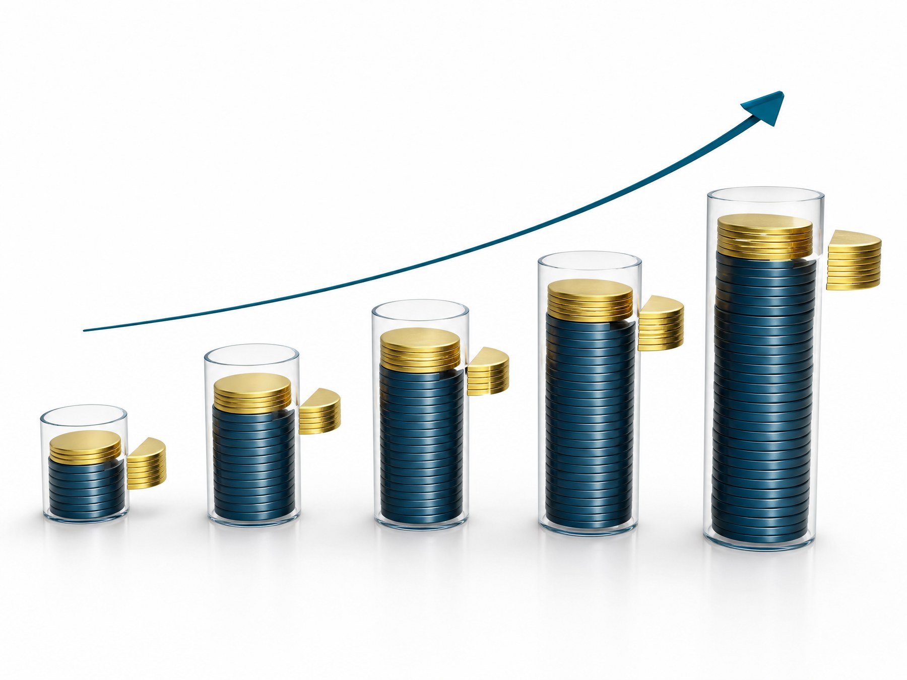 Three-dimensional stack of investment coins with a visible fee wedge on a white background