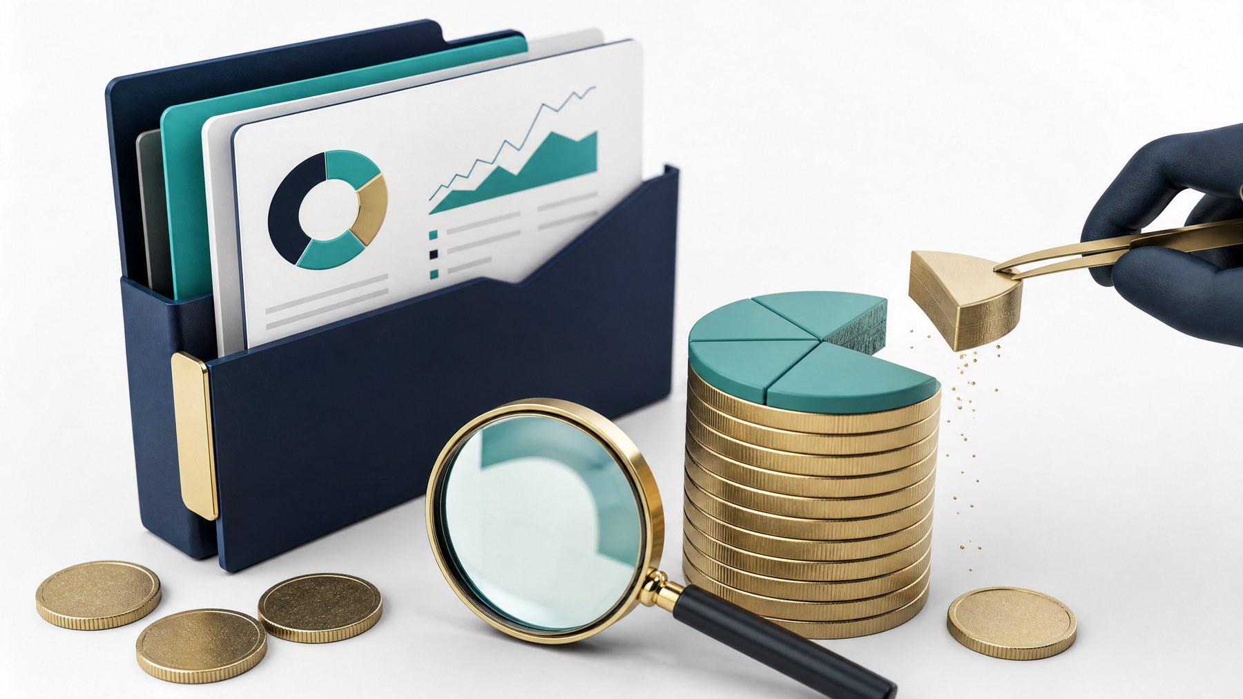 Three-dimensional investment portfolio and fee documents on a clean white background