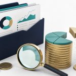 Three-dimensional investment portfolio and fee documents on a clean white background