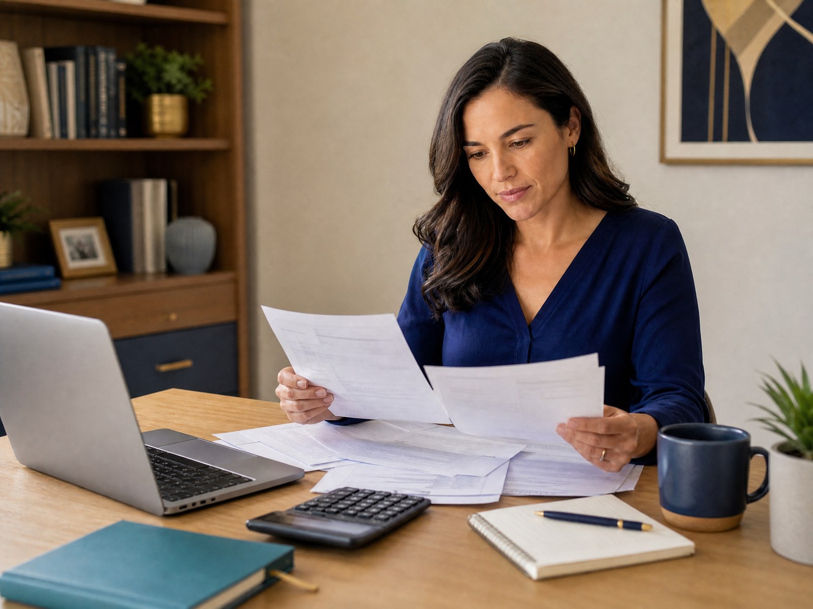 Person reviewing utility, insurance, phone, and internet bills for lower monthly expenses