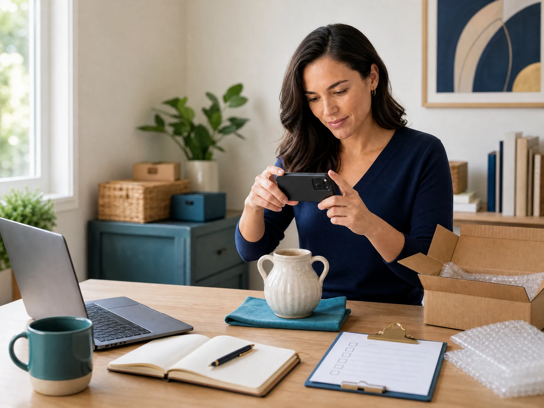 Laptop, checklist, and notebook showing small online services and selling tasks
