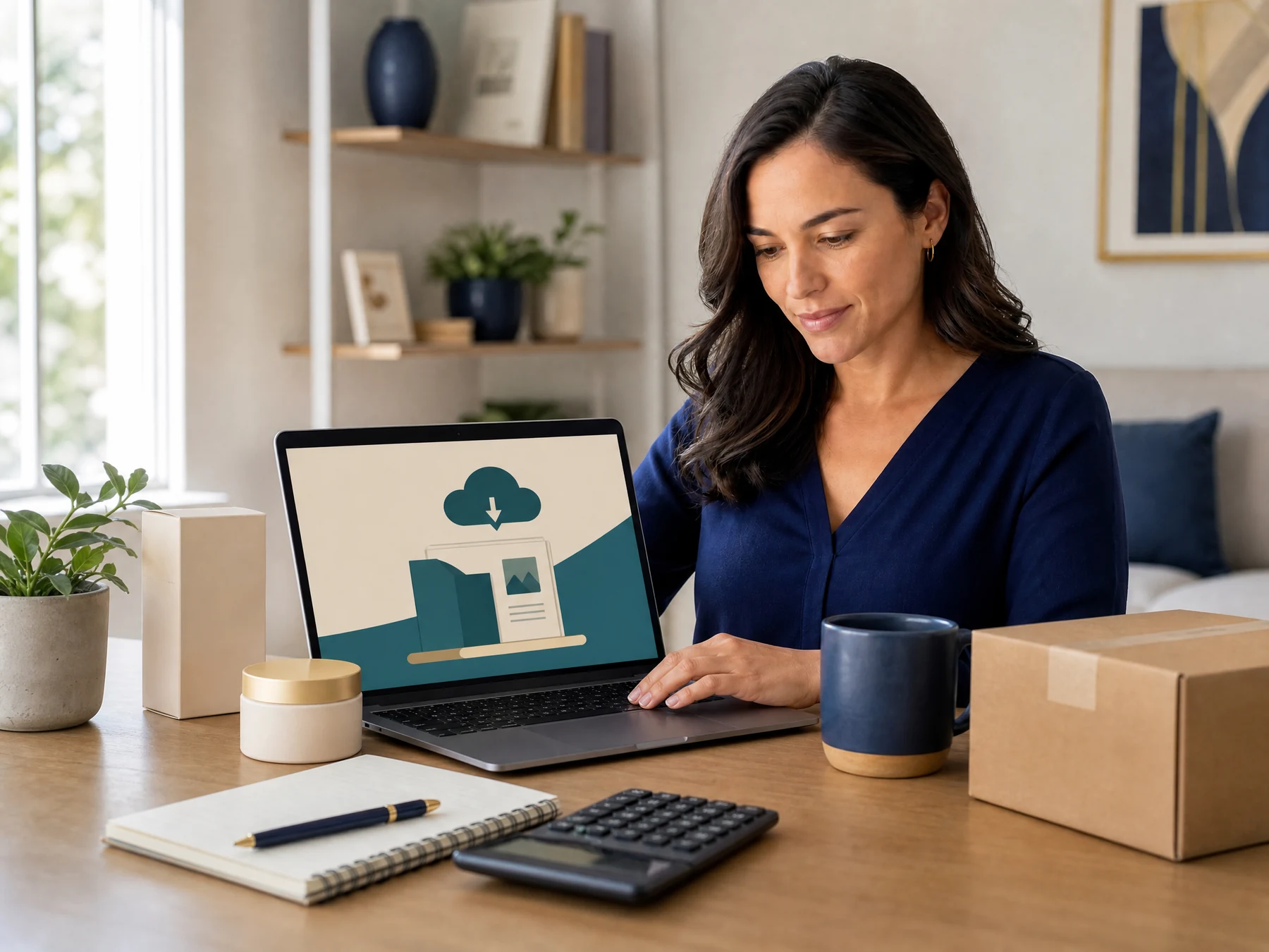 Person planning a digital product or online store with product notes and a laptop