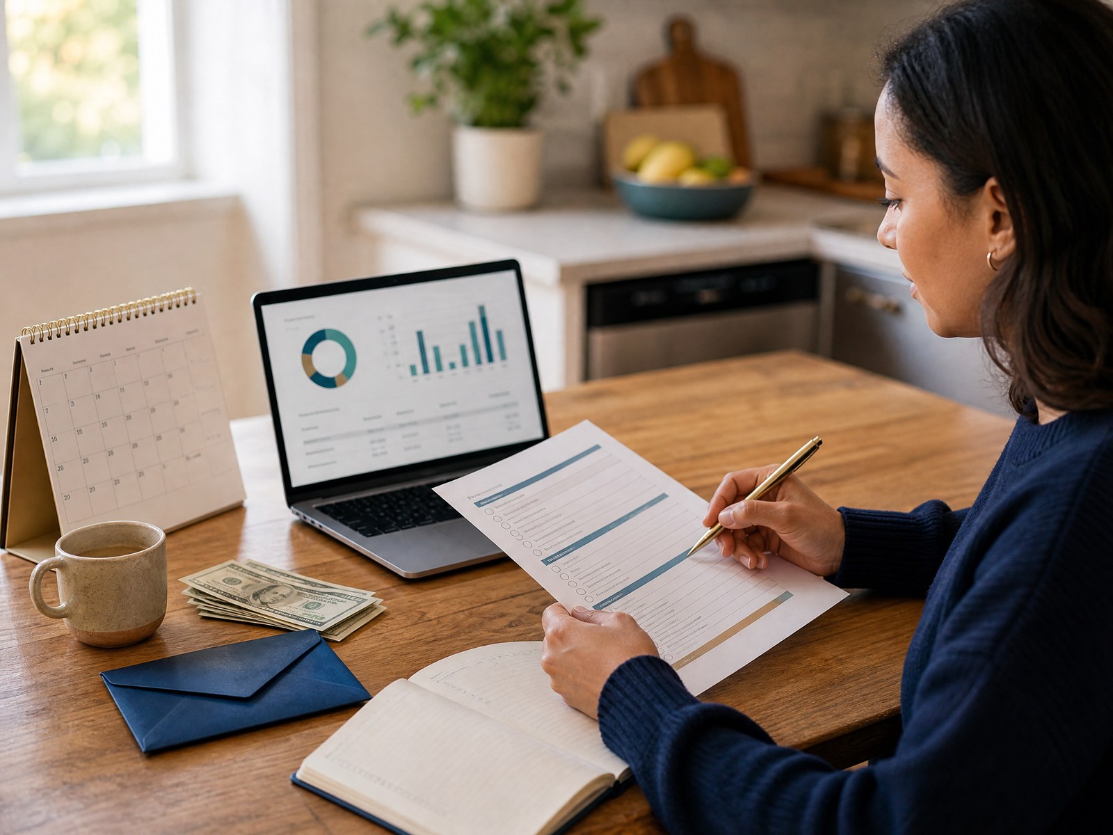 Adult reviewing a practical paycheck-to-paycheck action plan with a budget checklist and cash-flow notes