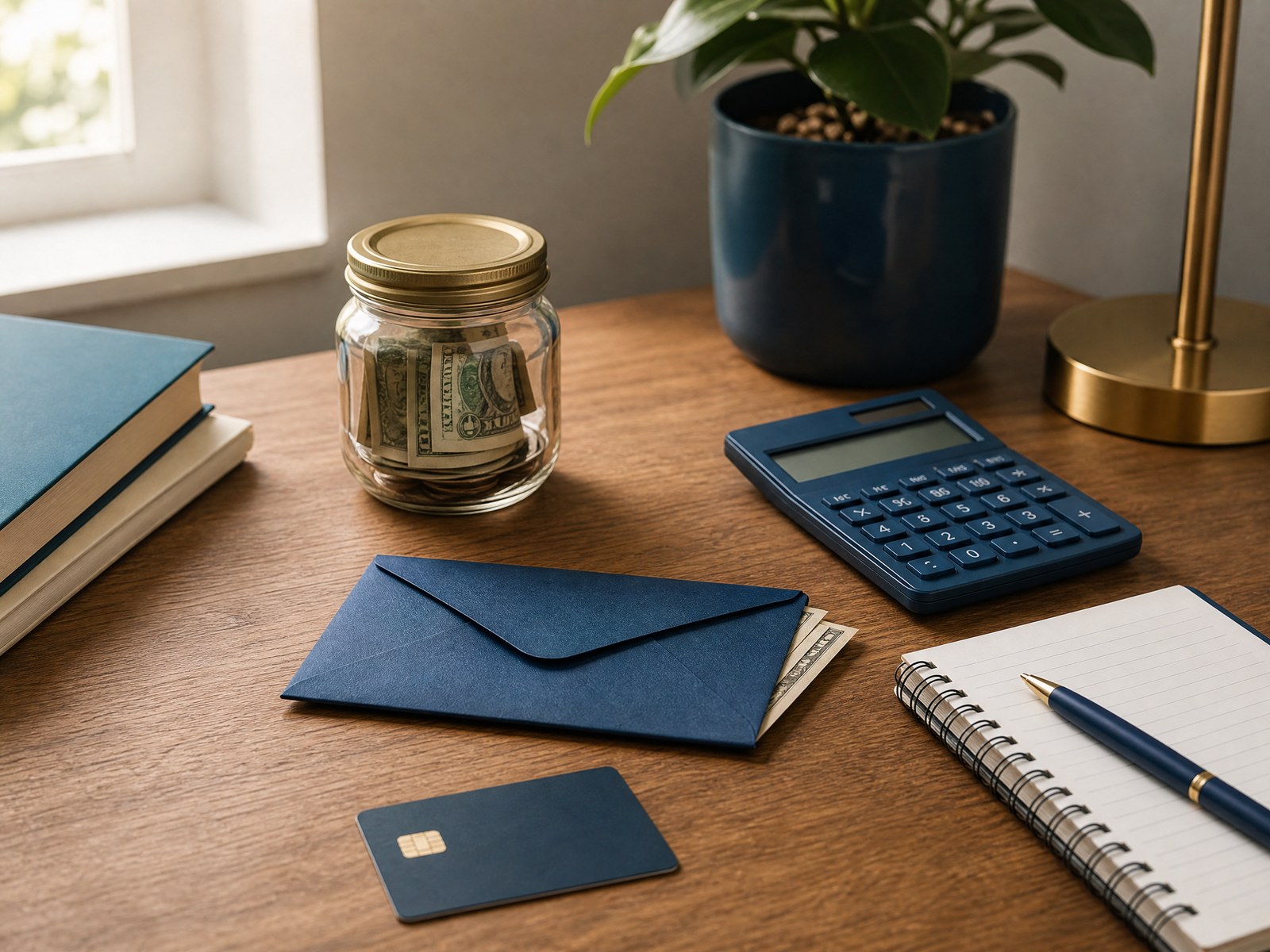 Emergency savings buffer represented by a separate envelope, savings jar, calculator, and notebook