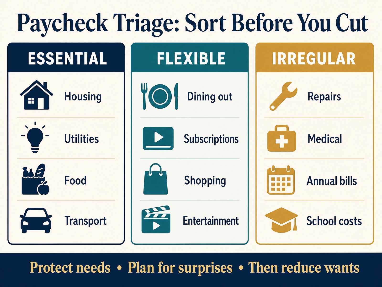 Paycheck-to-paycheck spending triage that separates essential bills, flexible spending, and irregular expenses