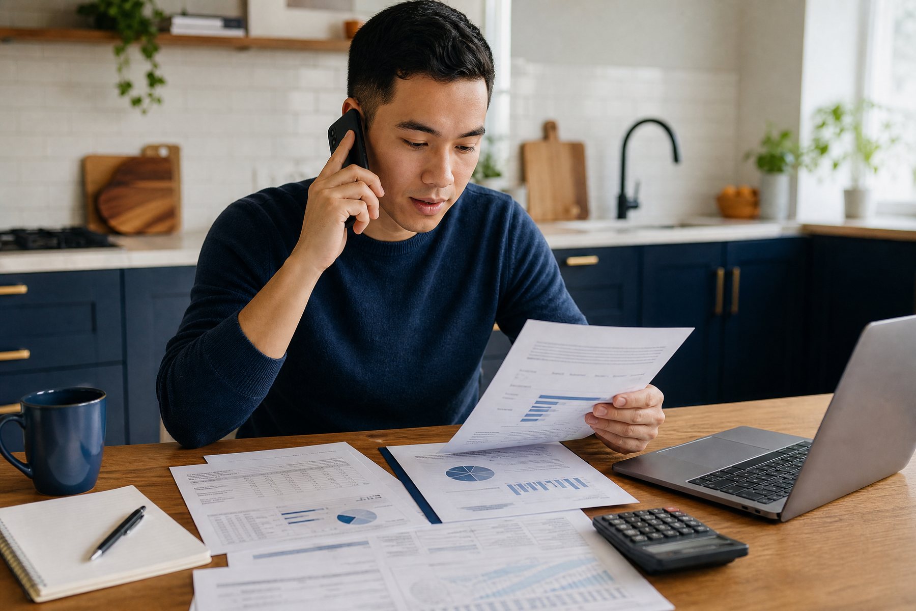 private-student-loan-repayment-support - Finance Clif Borrower reviewing a private student loan agreement and discussing repayment options by phone