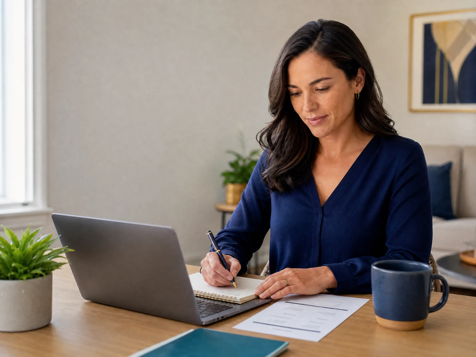 Employee practicing a respectful salary negotiation script with notes and a coffee cup