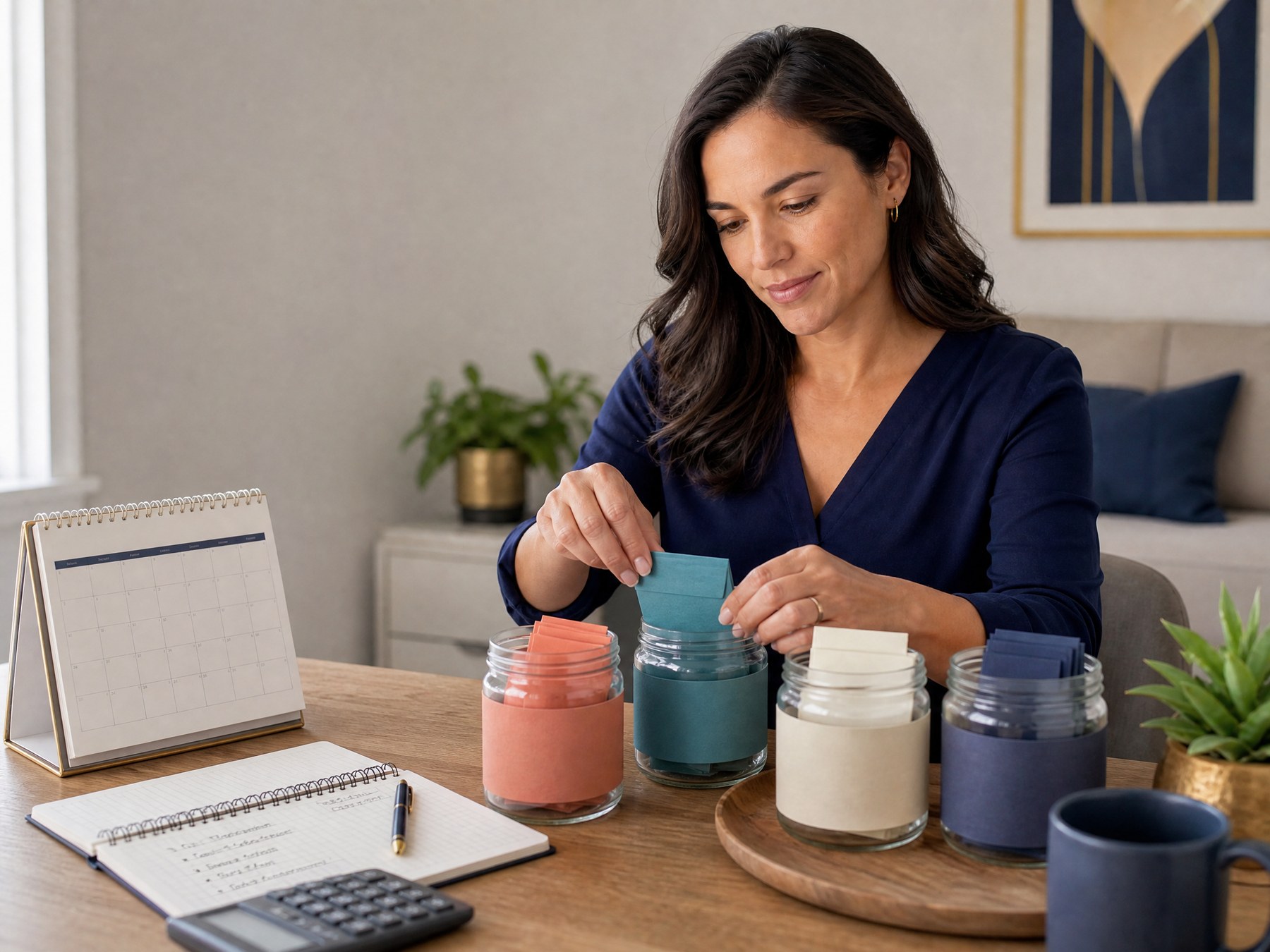 Person organizing labeled sinking-fund categories for annual bills and planned expenses