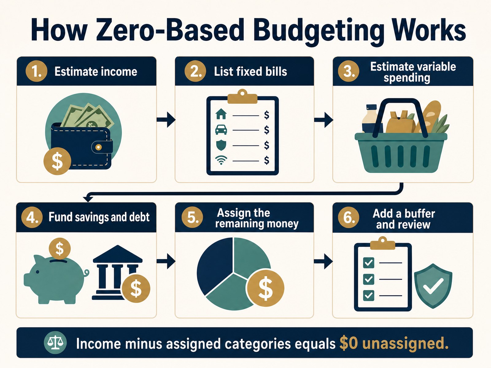 zero-based-budgeting-flow-1 - Finance Clif Six-step zero-based budgeting flow from income to bills, spending, savings, debt, and a buffer