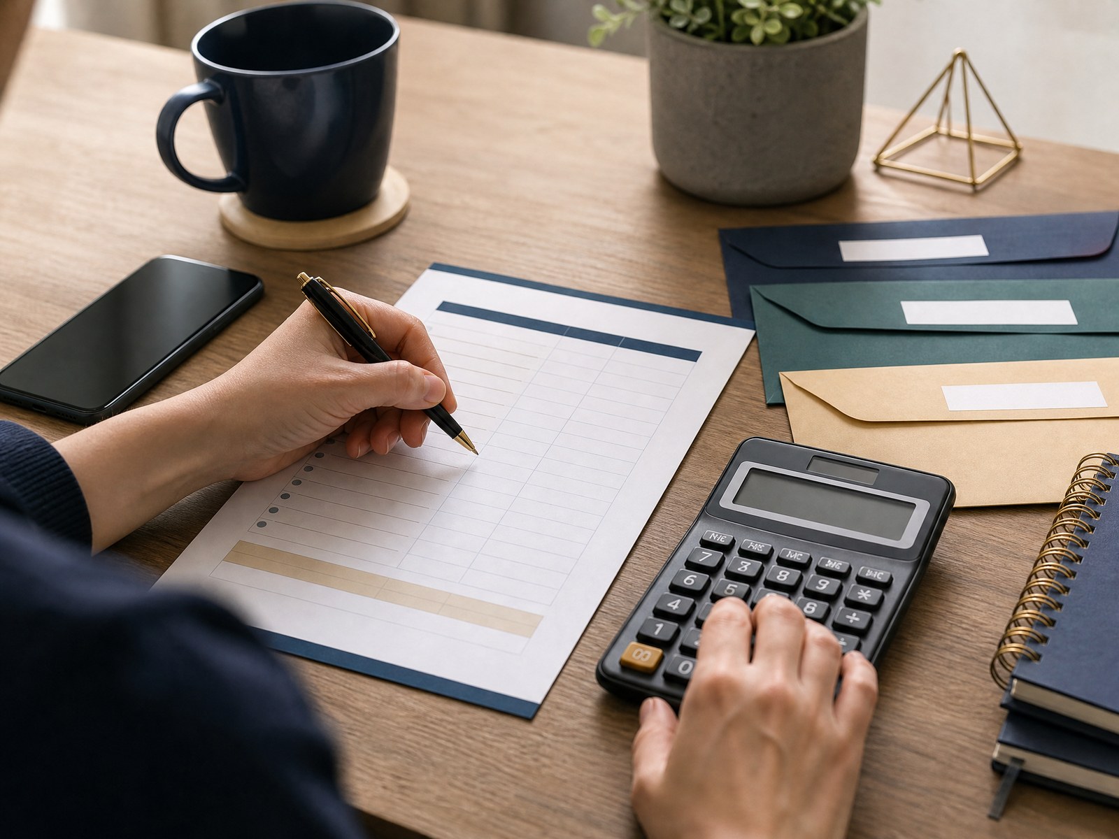 zero-based-budgeting-supporting-photo-1 - Finance Clif A person reviewing a monthly budget worksheet with a calculator and labeled envelopes