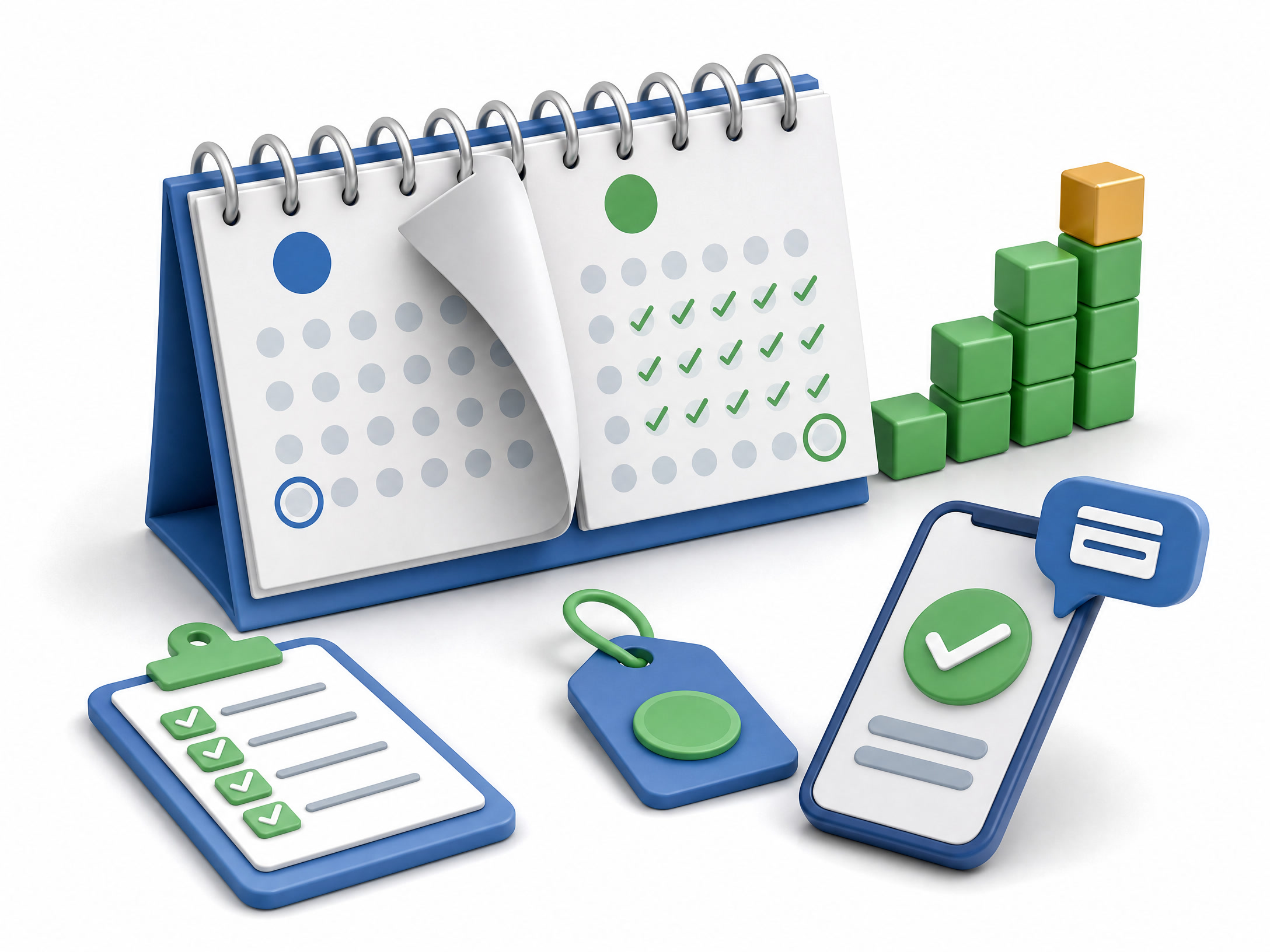 Calendar, checklist, price tag, payment smartphone, and rising blocks representing a 30-day first-sale plan
