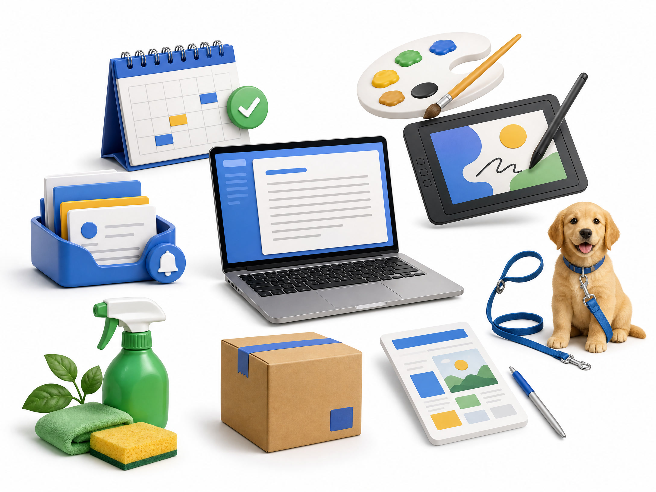 Laptop, calendar, design tablet, pet leash, cleaning supplies, package, and digital template representing low-cost business ideas