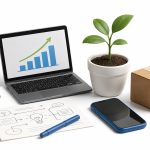 Laptop, business plan, smartphone, coins, seedling, and package representing a low-cost business launch