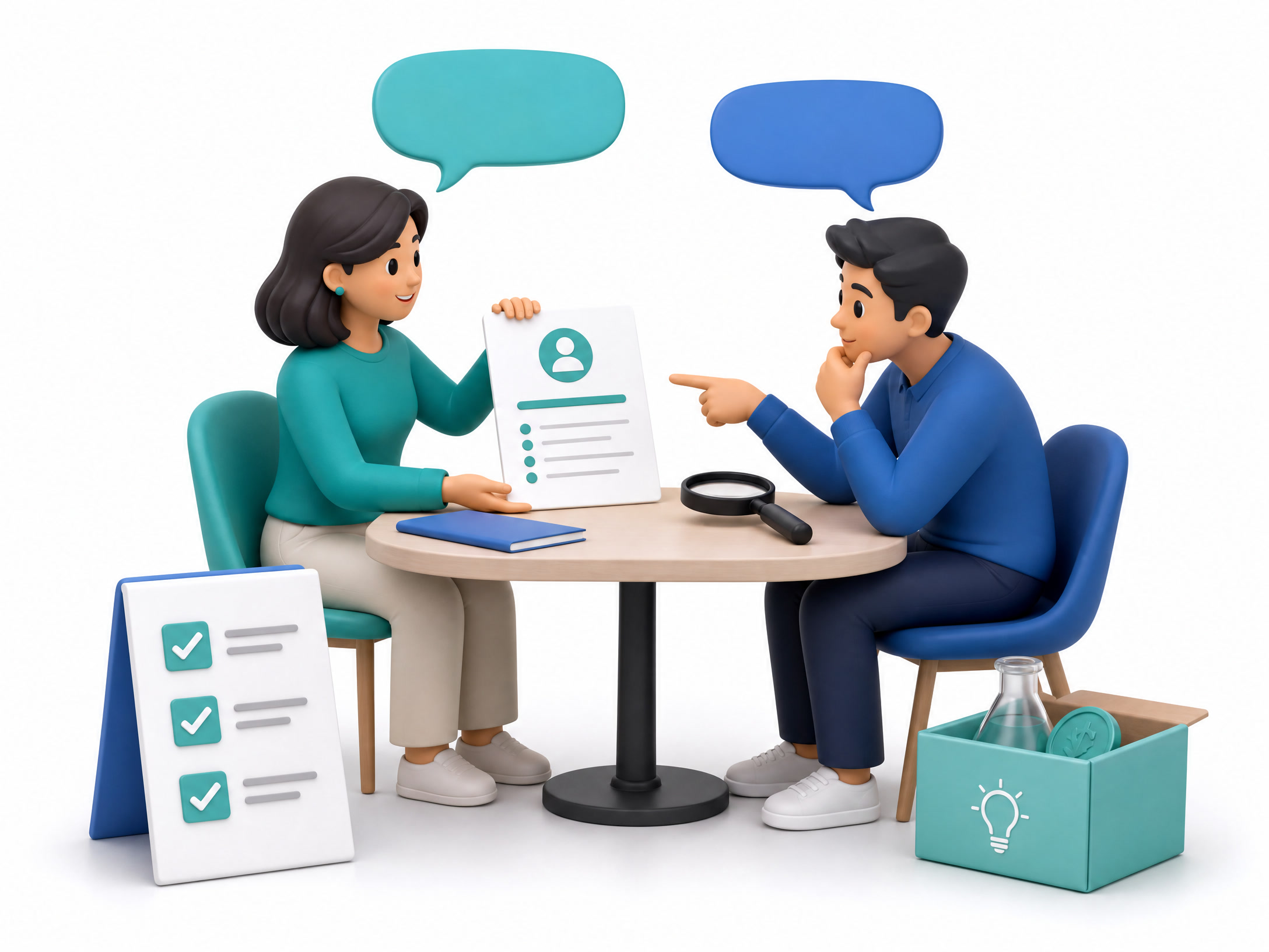 Two people reviewing a small service offer with a checklist and magnifying glass, representing business idea validation