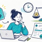 Freelancer at a desk with a price tag, clock, invoice, and balanced scales representing fair freelance pricing
