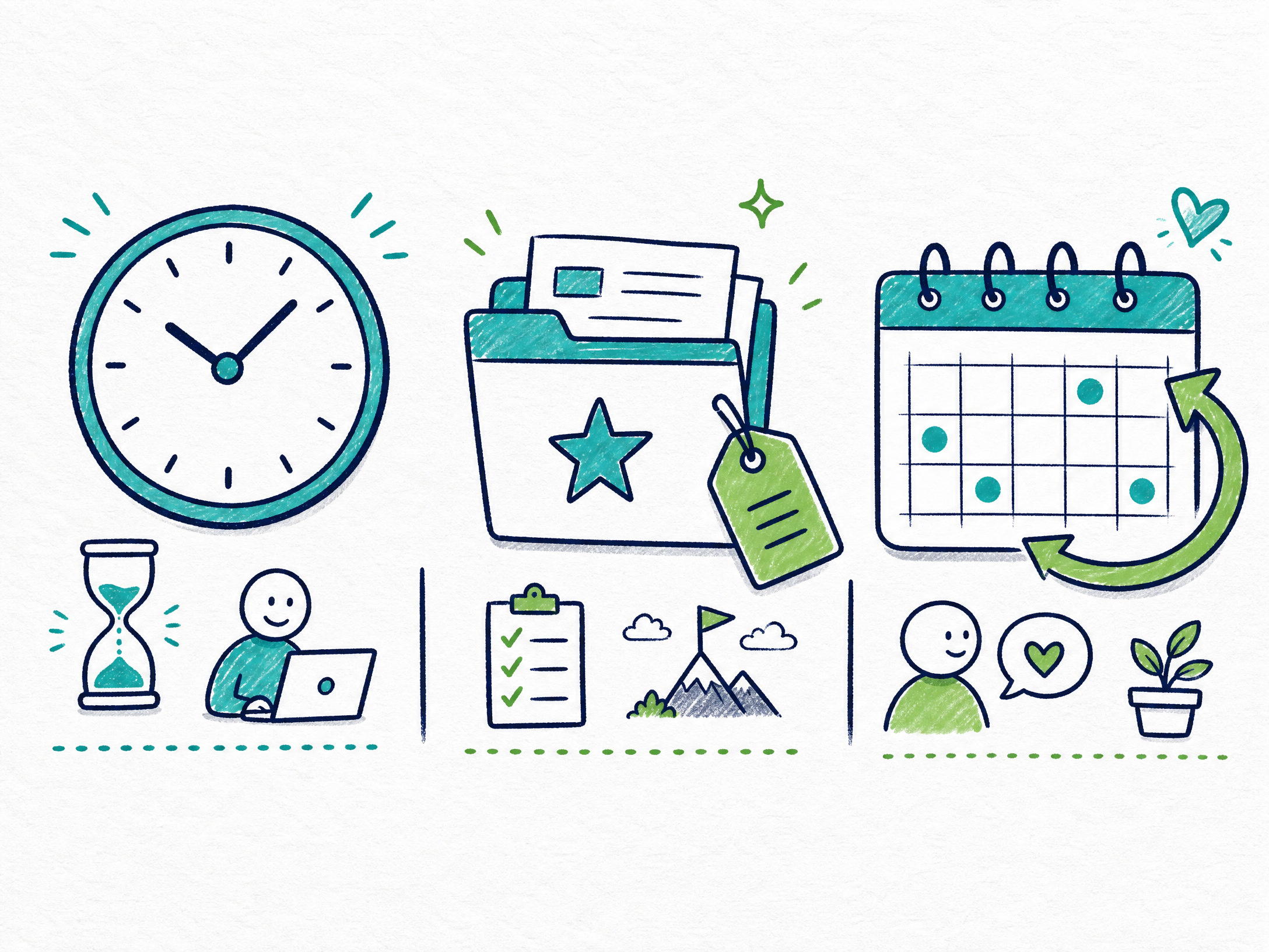 Doodle illustration of a clock, project folder with price tag, and monthly calendar representing three freelance pricing models