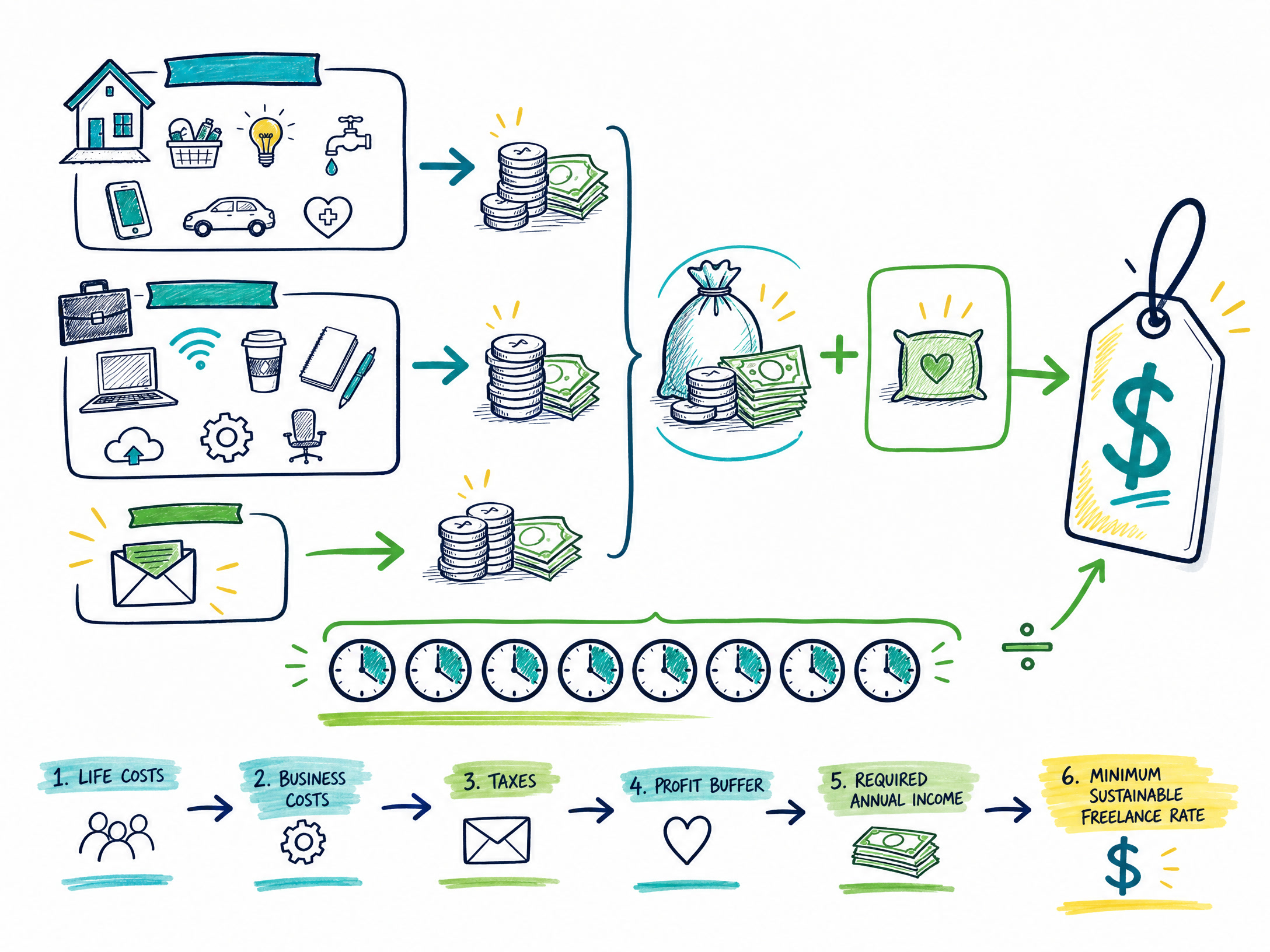 Doodle illustration of a calculator, coins, bills, tax envelope, and billable-hour clocks flowing toward a price tag