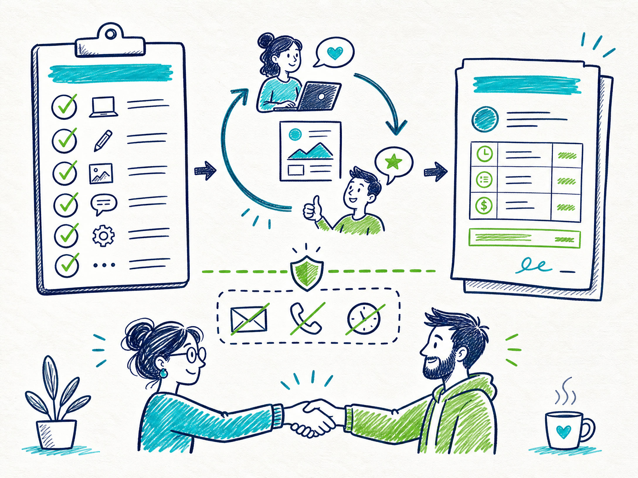 Doodle illustration of a scope checklist, revision loop, proposal document, boundary line, and client handshake